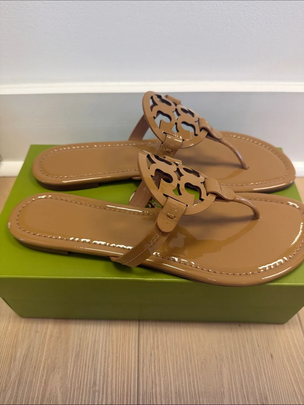 Tory Burch Tan Patent Leather Logo Thong Sandals